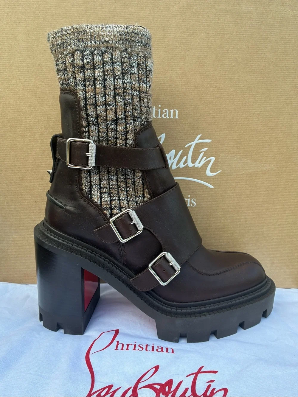 CHRISTIAN LOUBOUTIN CORTINETTA COLLEGE BROWN LEATHER ANKLE BLOCK HEEL BOOT 38.5